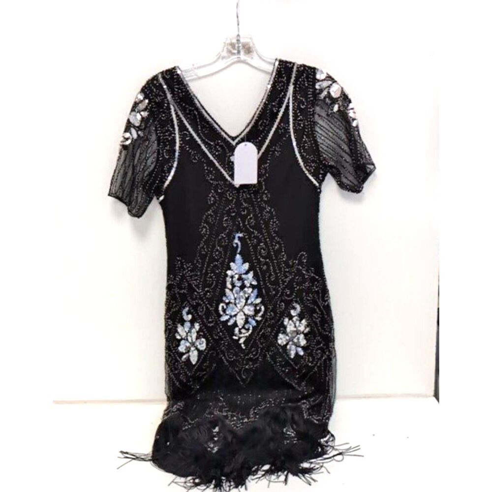 NWT SWEETV Women's Black Beaded Flapper Dress Small Great Gatsby Fringe